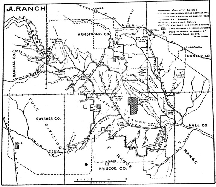 Map of the JA Ranch, original boundaries.  Undated; source unknown.  Downloaded from http://www.ranches.org/ja-ranch.htm, 29 Sep 2015.